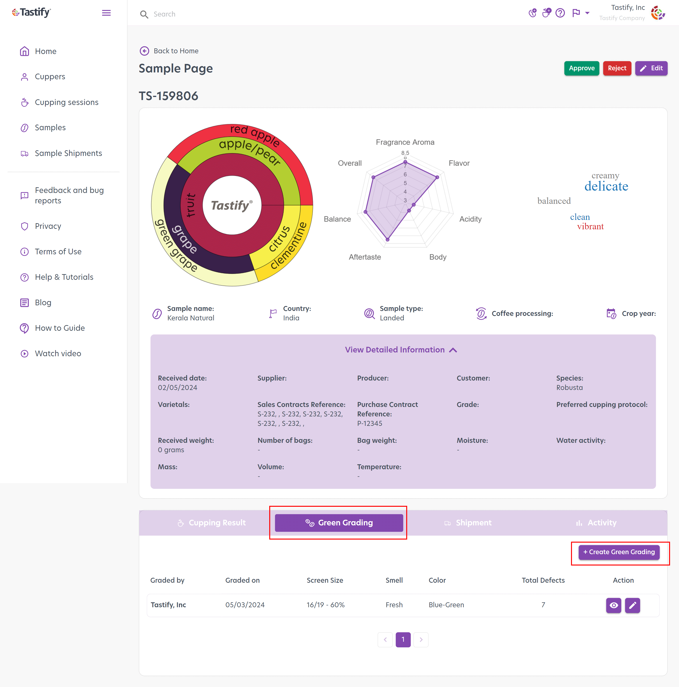 Selecting Sample And Green Grading Format Tastify